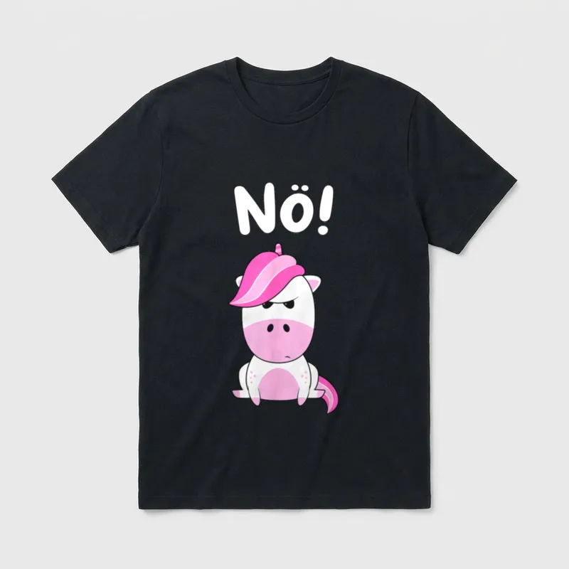 Nö Statement Sprüche Einhorn T-Shirt – Grimmiges rosa-weißes Einhorn mit Schriftzug „Nö!“ – Klassisches T-Shirt in Schwarz