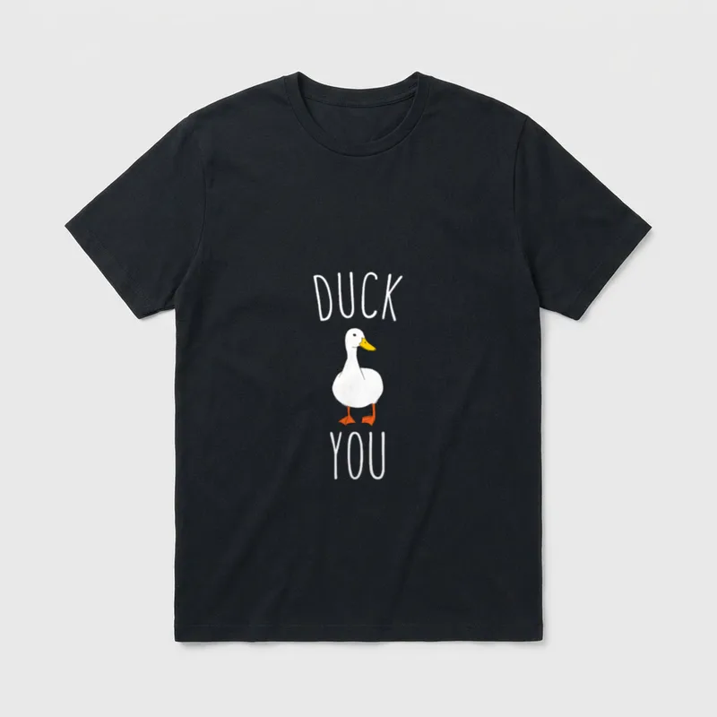 Duck You Lustiges Entenküken T-Shirt – Schriftzug „DUCK YOU“ mit weißer Ente mittig – Klassisches T-Shirt in Schwarz