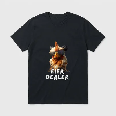 Eier Dealer Lustiges Huhn T-Shirt – Huhn mit Sonnenbrille, Schriftzug „Eier Dealer“ – Klassisches T-Shirt in Schwarz