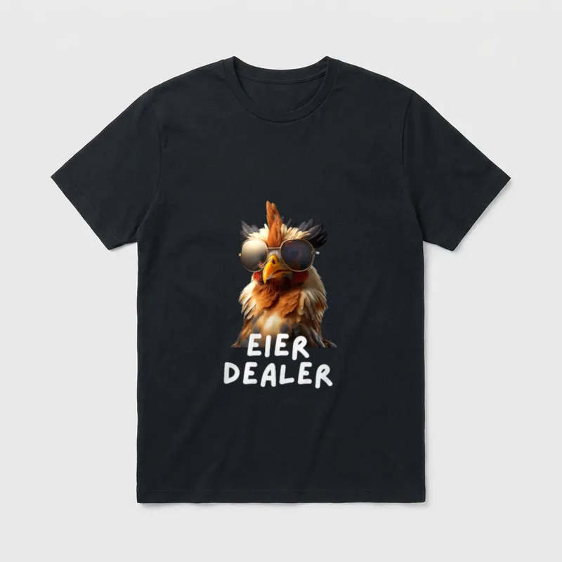 Eier Dealer Lustiges Huhn T-Shirt – Huhn mit Sonnenbrille, Schriftzug „Eier Dealer“ – Klassisches T-Shirt in Schwarz