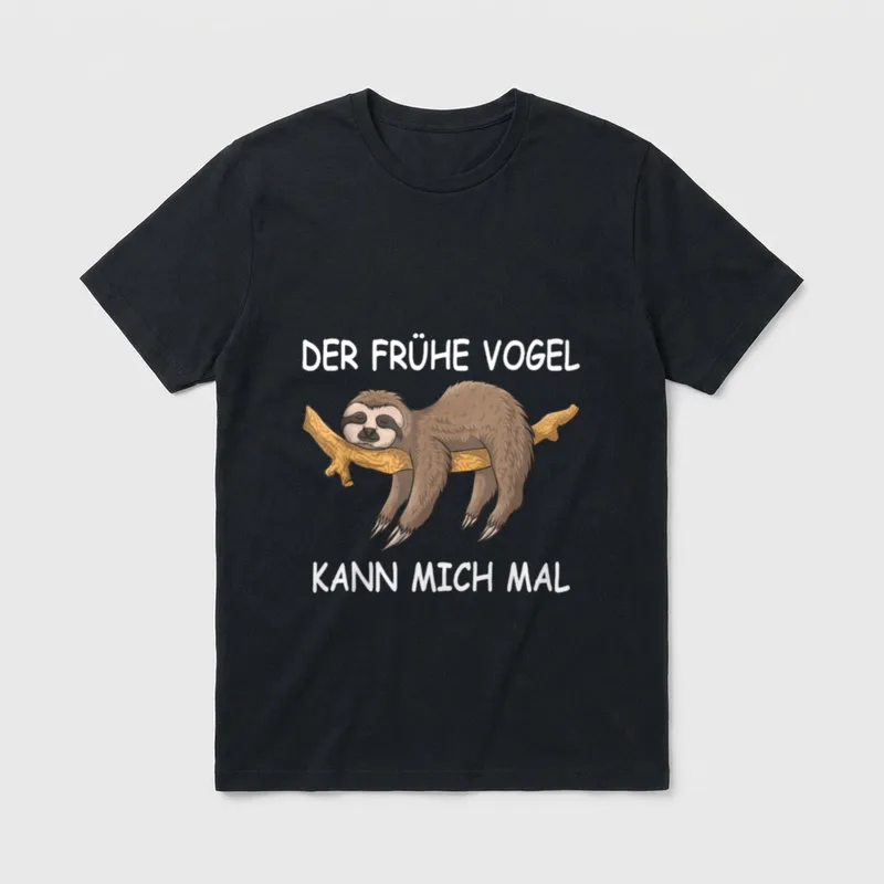 Faultier Spruch Design T-Shirt – Faultier am Ast mit Spruch „Der frühe Vogel kann mich mal“ – Klassisches T-Shirt in Schwarz