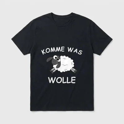 Lustiges Schaf Motiv T-Shirt – Cartoon Schaf mit den weißen Buchstaben Komme was Wolle – Klassisches T-Shirt in Schwarz