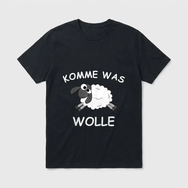 Lustiges Schaf Motiv T-Shirt – Cartoon Schaf mit den weißen Buchstaben Komme was Wolle – Klassisches T-Shirt in Schwarz