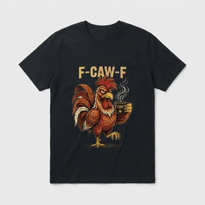 F Caw F Zitat T-Shirt – Grimmiger Hahn hält dampfende Tasse mit Aufschrift F-CAW-F – Klassisches T-Shirt in Schwarz