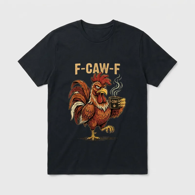 F Caw F Zitat T-Shirt – Grimmiger Hahn hält dampfende Tasse mit Aufschrift F-CAW-F – Klassisches T-Shirt in Schwarz