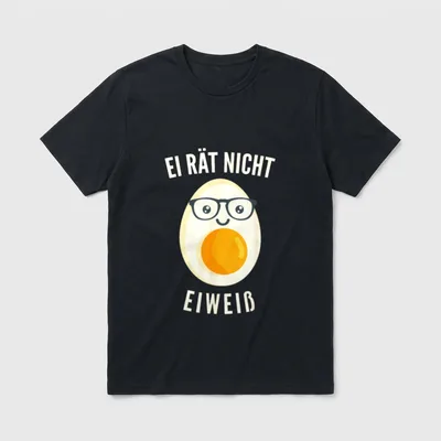 Ei Rät Nicht Eiweiß T-Shirt – Bebrilltes Ei mit Eigelb-Mund und Schriftzug „Eiweiß“ – Klassisches T-Shirt in Schwarz