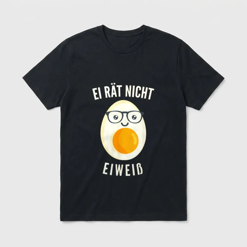 Ei Rät Nicht Eiweiß T-Shirt – Bebrilltes Ei mit Eigelb-Mund und Schriftzug „Eiweiß“ – Klassisches T-Shirt in Schwarz