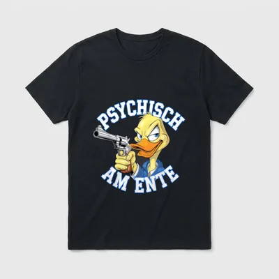 Psychisch am Ende T-Shirt – Wütende gelbe Ente mit Revolver und dem Text PSYCHISCH AM ENTE – Klassisches T-Shirt in Schwarz