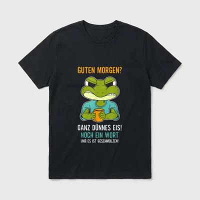 Morgenmuffel Humor T-Shirt – Frosch mit Tasse und Text über dünnendes Eis – Klassisches T-Shirt in Schwarz