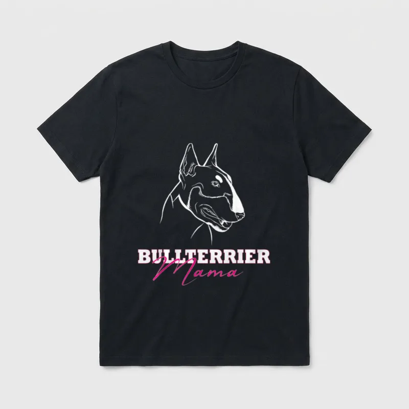 Hund Bullterrier Spruch Bulli T-Shirt – Bullterrierkopf mit Schriftzug „Bullterrier Mama“ – Klassisches T-Shirt in Schwarz