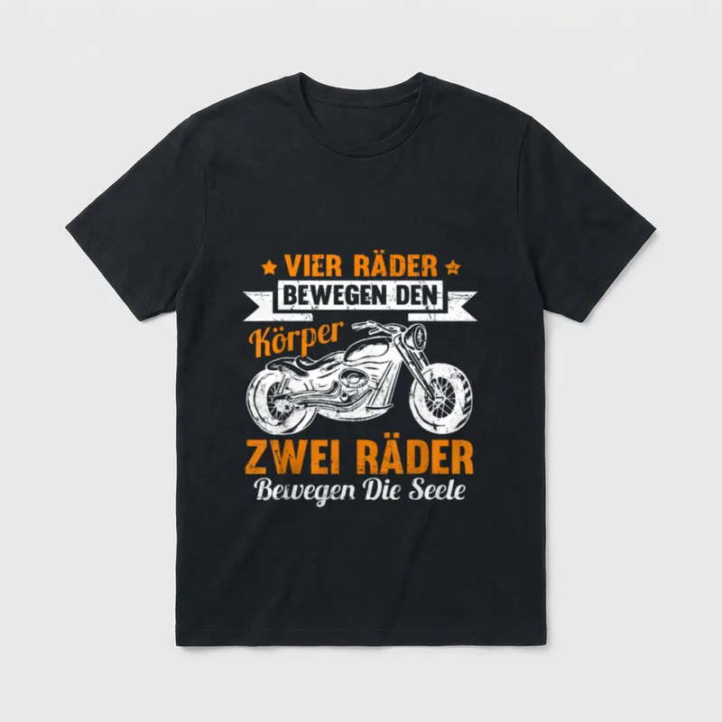 Motorrad T-Shirt – Chopper-Zeichnung mit Spruch „Zwei Räder bewegen die Seele“ – Klassisches T-Shirt in Schwarz