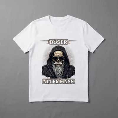 T-Shirt Motorrad Motiv – Totenkopf mit Kapuze, Bart, Schriftzug „Böser Alter Mann“ – Klassisches T-Shirt in Schwarz