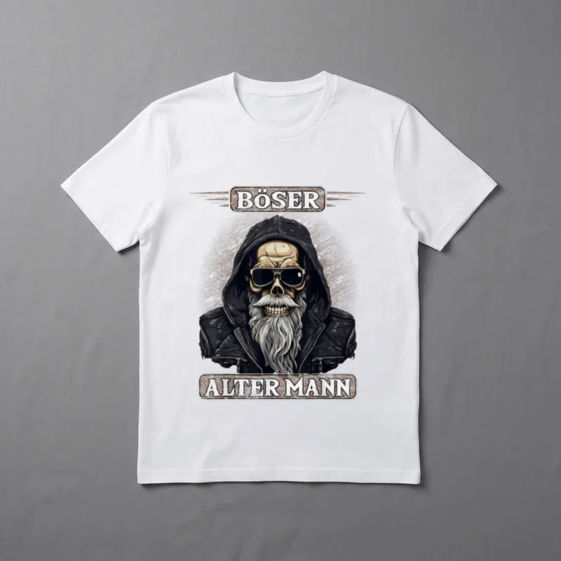 T-Shirt Motorrad Motiv – Totenkopf mit Kapuze, Bart, Schriftzug „Böser Alter Mann“ – Klassisches T-Shirt in Schwarz