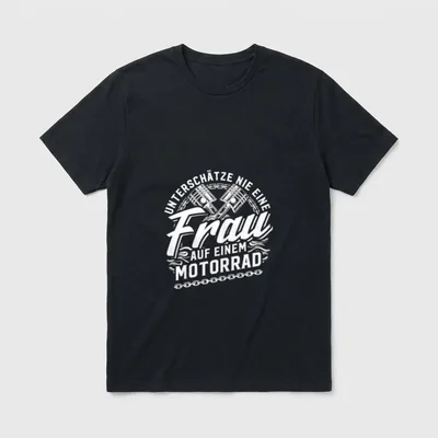 Auto T-Shirt Damen – Gekreuzte Kolben, Kette, Schriftzug „Frau auf einem Motorrad“ – Klassisches T-Shirt in Schwarz