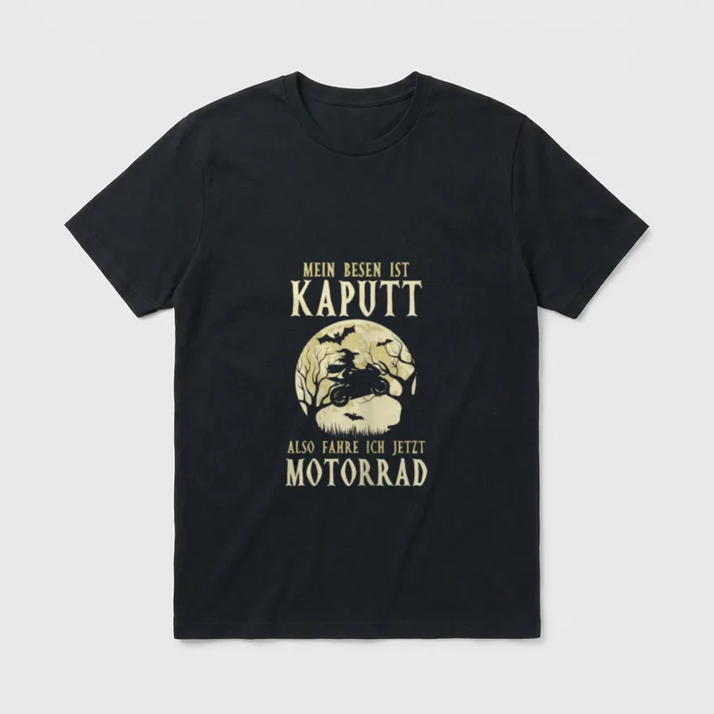Biker Mein Besen Ist T-Shirt – Hexe auf Motorrad vor Vollmond, Spruch über kaputten Besen – Klassisches T-Shirt in Schwarz
