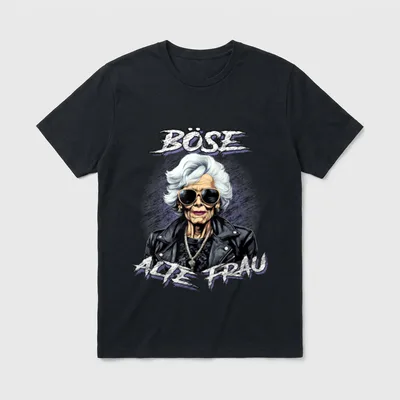 Böse alte Frau Lustiges T-Shirt – Schriftzug „Böse alte Frau“ über Rockerin mit Sonnenbrille – Klassisches T-Shirt in Schwarz