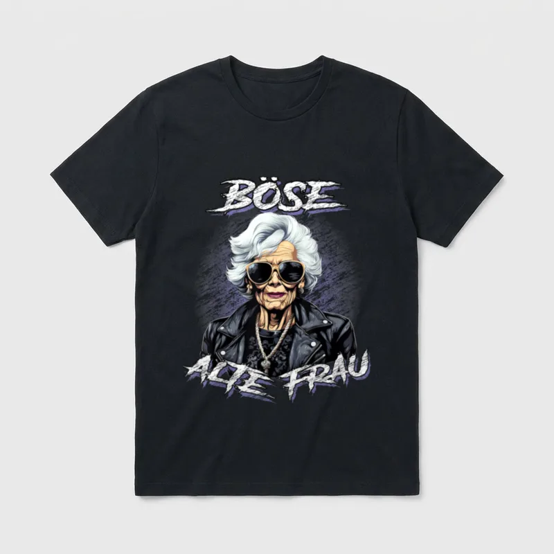 Böse alte Frau Lustiges T-Shirt – Schriftzug „Böse alte Frau“ über Rockerin mit Sonnenbrille – Klassisches T-Shirt in Schwarz