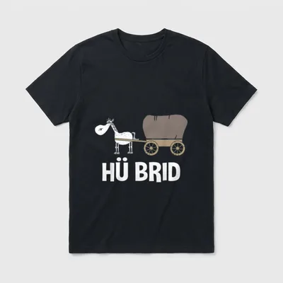 Auto T-Shirt Design – Pferd zieht Planwagen, Schriftzug HÜ BRID – Klassisches T-Shirt in Schwarz