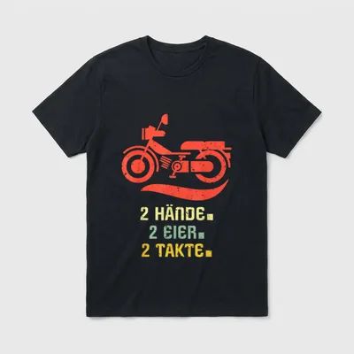 Moped Zweitakter Mofa Motorrad T-Shirt – Rotes Mofa, Spruch „2 Hände. 2 Eier. 2 Takte.“ – Klassisches T-Shirt in Schwarz