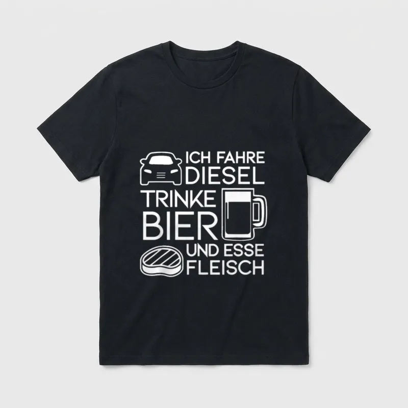 Ich fahre Diesel trinke T-Shirt – Spruch mit Auto, Bierkrug und Steak Symbol – Klassisches T-Shirt in Schwarz
