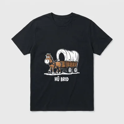 Hü Brid Witzig Auto T-Shirt – Pferd zieht Planwagen, Schriftzug „Hü Brid“ – Klassisches T-Shirt in Schwarz