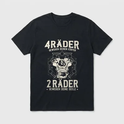 Biker Sprüche Motorrad 2 T-Shirt – V2-Motor umrahmt von Kreisen, Spruch über 4 und 2 Räder – Klassisches T-Shirt in Schwarz