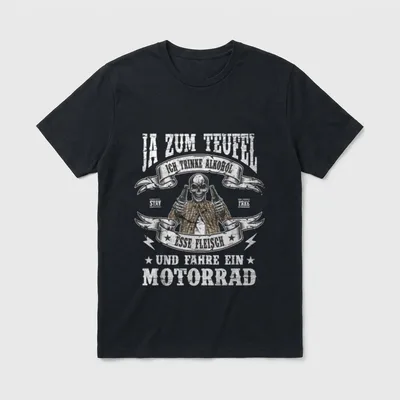 Ja zum Teufel ich T-Shirt – Skelett mit Bierflaschen, Spruch über Alkohol, Fleisch, Motorrad – Klassisches T-Shirt in Schwarz