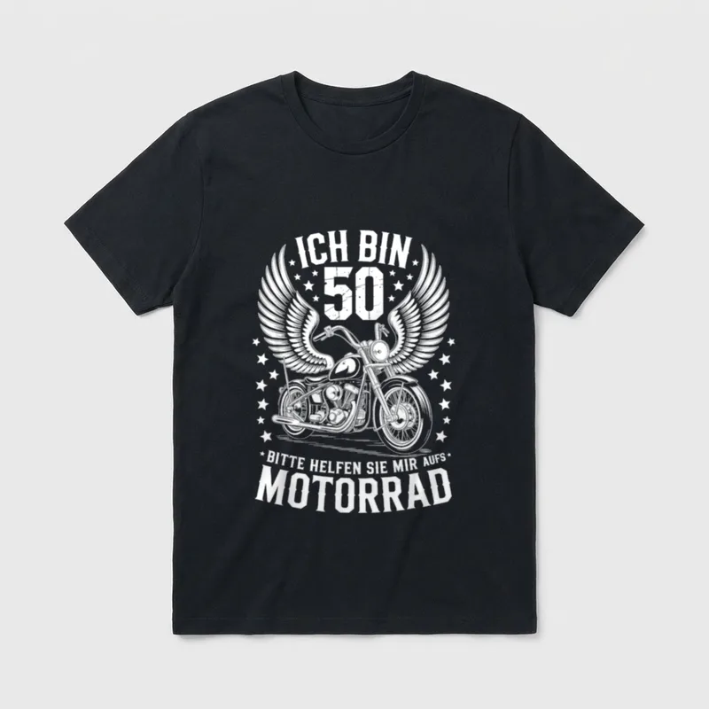 Ich Bin 50 Bitte T-Shirt – Motorrad mit Flügeln und Sternen, Spruch zum 50. Geburtstag – Klassisches T-Shirt in Schwarz