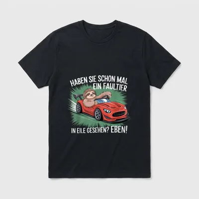 Lustiges Faultier Auto Spruch T-Shirt – Faultier lenkt roten Sportwagen, Spruch über Eile – Klassisches T-Shirt in Schwarz