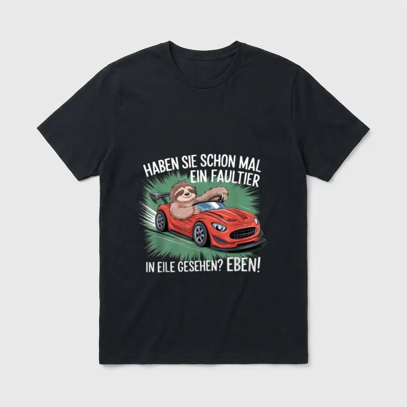 Lustiges Faultier Auto Spruch T-Shirt – Faultier lenkt roten Sportwagen, Spruch über Eile – Klassisches T-Shirt in Schwarz
