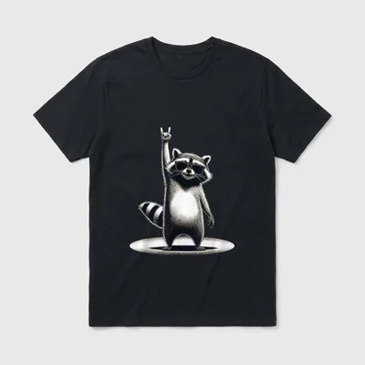 Retro Waschbär Rock Musik T-Shirt – Stehender Waschbär mit Sonnenbrille macht Rock-Geste – Klassisches T-Shirt in Schwarz