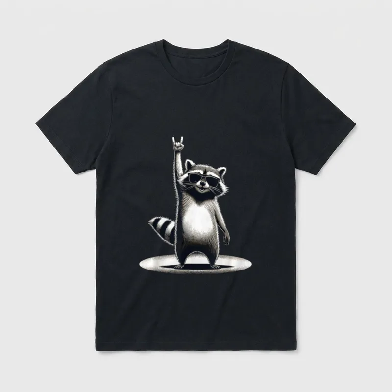 Retro Waschbär Rock Musik T-Shirt – Stehender Waschbär mit Sonnenbrille macht Rock-Geste – Klassisches T-Shirt in Schwarz