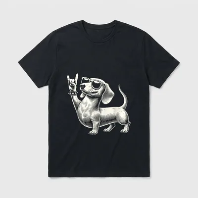 Rock Musik Lustige Heavy T-Shirt – Dackel mit Sonnenbrille zeigt Heavy-Metal-Geste – Klassisches T-Shirt in Schwarz