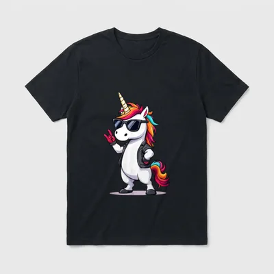 Retro Einhorn Rock Musik T-Shirt – Einhorn mit Sonnenbrille, Lederjacke und Rockerzeichen – Klassisches T-Shirt in Schwarz