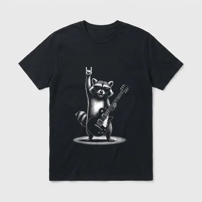 Raccoon Rock Musik Band T-Shirt – Waschbär mit Sonnenbrille, E-Gitarre und Rockergruß – Klassisches T-Shirt in Schwarz