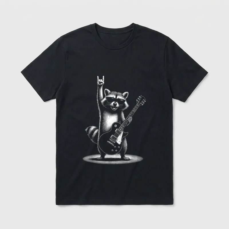Raccoon Rock Musik Band T-Shirt – Waschbär mit Sonnenbrille, E-Gitarre und Rockergruß – Klassisches T-Shirt in Schwarz