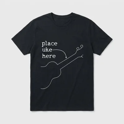 Ukulele Uke Spruch Lustig T-Shirt – Ukulele-Umriss mit Pfeil und Schriftzug „place uke here“ – Klassisches T-Shirt in Schwarz