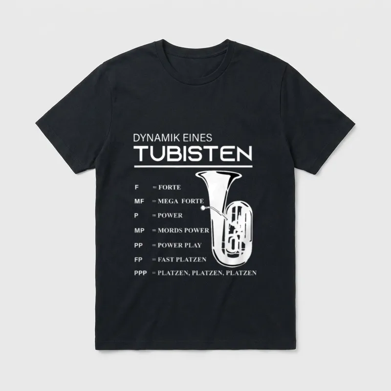 Dynamik eines Tubisten Tuba T-Shirt – Tuba-Grafik mit Dynamikstufen von Forte bis Platzen – Klassisches T-Shirt in Schwarz