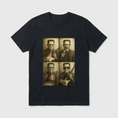 Halloween Band Shirt – Vier Frankenstein-Portraits als Band mit Instrumenten, Sepia-Stil – Klassisches T-Shirt in Schwarz