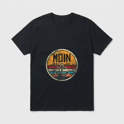 Moin I Moin Ihr T-Shirt – Rundes Vintage-Badge mit MOIN, Skyline und Anker – Klassisches T-Shirt in Schwarz