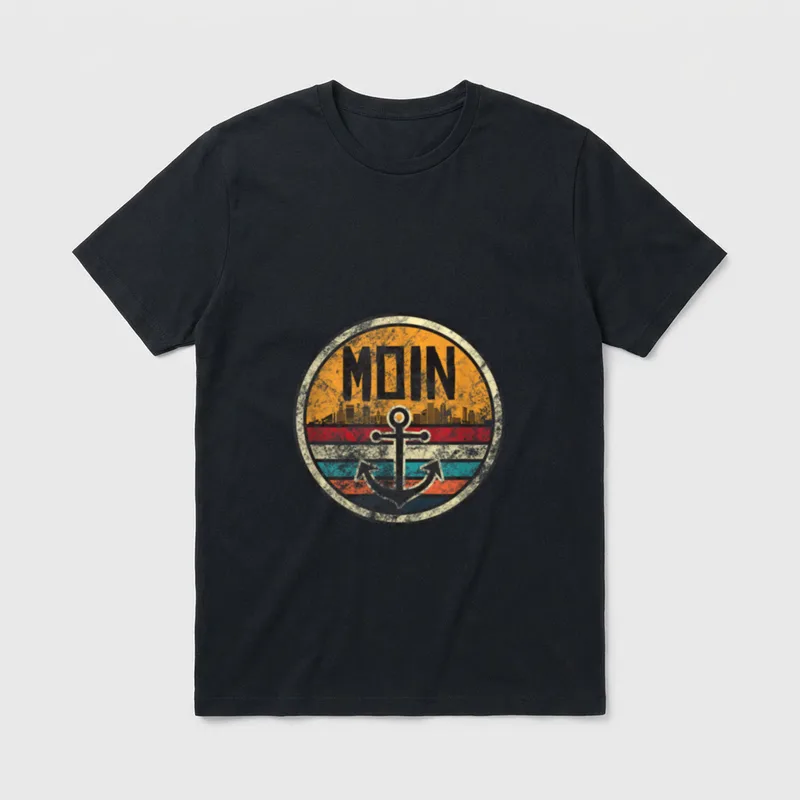 Moin I Moin Ihr T-Shirt – Rundes Vintage-Badge mit MOIN, Skyline und Anker – Klassisches T-Shirt in Schwarz