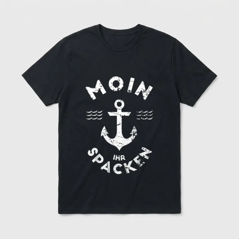 Moin ihr Spacken Lustiges T-Shirt – Schriftzug „Moin ihr Spacken“ mit Anker und Wellen – Klassisches T-Shirt in Schwarz