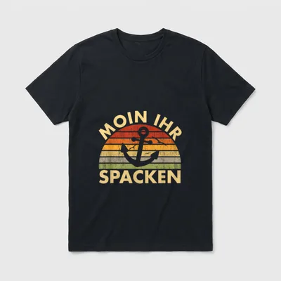 Moin Ihr Spacken I T-Shirt – Schriftzug „Moin Ihr Spacken“ über Anker und Streifen-Sonne – Klassisches T-Shirt in Schwarz