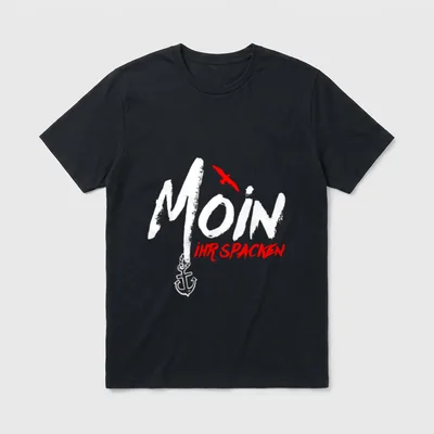 Moin Ihr Spacken Nordsee T-Shirt – Schriftzug „Moin Ihr Spacken“ mit Möwe und Anker – Klassisches T-Shirt in Schwarz