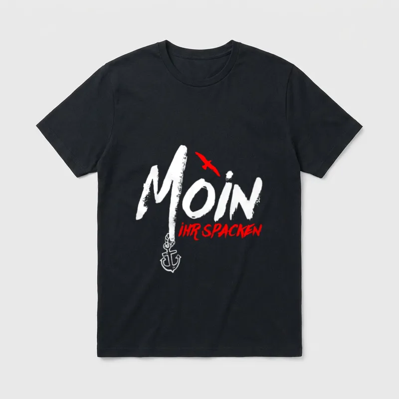 Moin Ihr Spacken Nordsee T-Shirt – Schriftzug „Moin Ihr Spacken“ mit Möwe und Anker – Klassisches T-Shirt in Schwarz