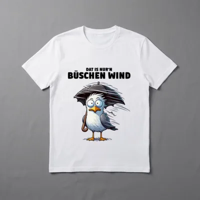 Moin! Waterkant Design by T-Shirt – Möwe mit Regenschirm im Sturm, Spruch darüber – Klassisches T-Shirt in Schwarz