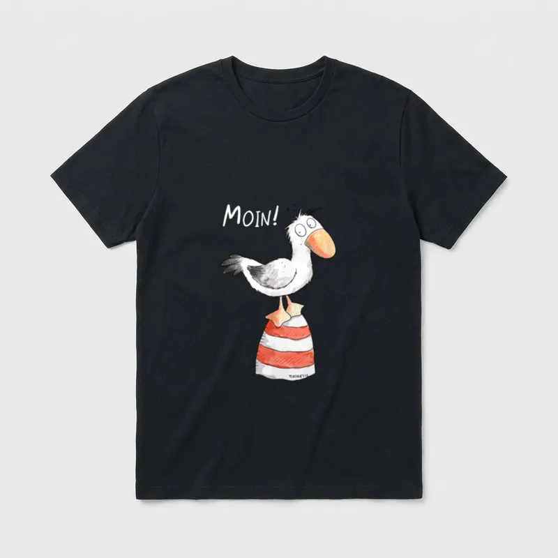 Moin Spruch I Nordsee T-Shirt – Möwe auf rot-weißem Pfahl, Schriftzug MOIN – Klassisches T-Shirt in Schwarz