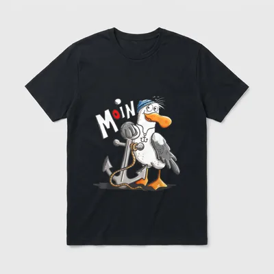Moin Cartoon Möwe T-Shirt – Cartoon-Möwe mit Mütze hält Anker, Schriftzug MOIN – Klassisches T-Shirt in Schwarz