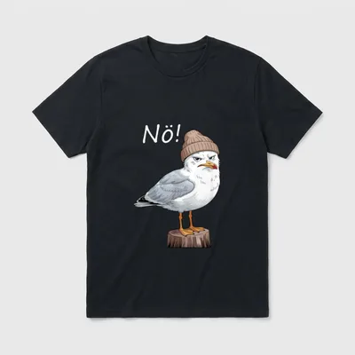 Lustig Möwen Spruch Einfach T-Shirt – Möwe mit Strickmütze auf Pfosten, Schriftzug „Nö!“ – Klassisches T-Shirt in Schwarz