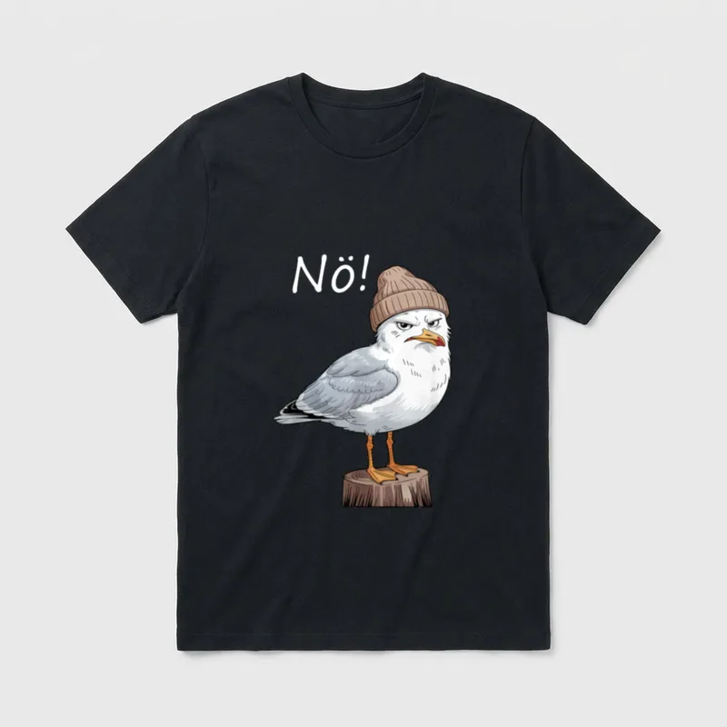 Lustig Möwen Spruch Einfach T-Shirt – Möwe mit Strickmütze auf Pfosten, Schriftzug „Nö!“ – Klassisches T-Shirt in Schwarz